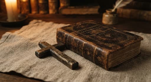 Gros plan d’un livre ancien relié de cuir et d’une simple croix de bois posés sur un lin texturé, dans une lumière chaude et tamisée