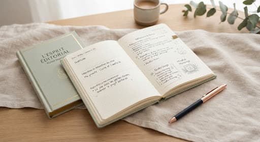 Journal moderne ouvert posé sur un tissu de lin doux, accompagné d'un stylo élégant