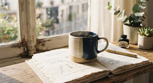 Mug en grès moucheté, mi-crème mi-bleu profond, posé sur un journal de lin devant une fenêtre ensoleillée, vapeur s’élevant doucement