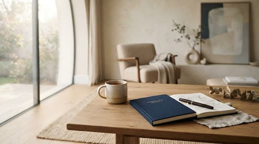 Intérieur serein baigné de lumière matinale, table en chêne avec mug artisanal et journal relié en lin